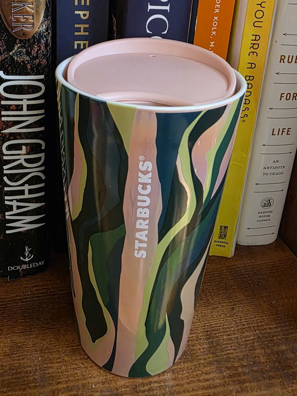 Starbucks Pink, Green & Dark Green Swirl Ceramic Tumbler (12 Oz)